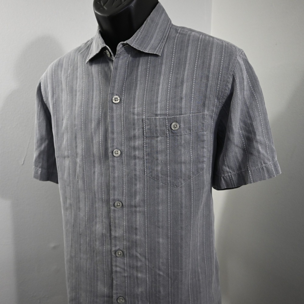 Tommy Bahama Button Up Mens Medium Gray Striped 100% Silk Short Sleeve Shirt